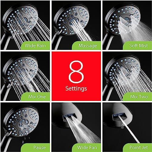 AquaCare 50-mode High Pressure Shower Head Combo with Arm & Dual Power Wash | Hygienic Jets, 2-mode Handheld Power Wash for Tub, Tile & Pets, Long 6 ft. Stainless Steel Hose, Extra Wall Bracket / Black - color: Matte Black, style: 1.8 Gallons Per Minute