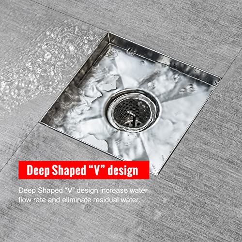 SaniteModar Shower Drain 4 inch Brushed with 2 in1 Tile Insert Cover | 304 Stainless Steel Brushed Square Shower Drain with Hair Catcher and Threaded Adapter - color: Tile Insert Grate, size: 4 inch