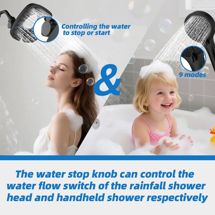 Black Shower Head with Handheld Spray Combo 2 in 1 Rainfall High Pressure with 59" Rotatable Stainless Steel Hose 9 Spray Modes Detachable - color: Black