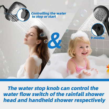 Black Shower Head with Handheld Spray Combo 2 in 1 Rainfall High Pressure with 59" Rotatable Stainless Steel Hose 9 Spray Modes Detachable - color: Black