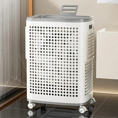 Rolling Laundry Hamper with Lid, Perforated Metal Design, L Size, Portable Handle, Smooth Edges, Ventilated Basket with Wheels, 23.8x16.7x12.9 Inches