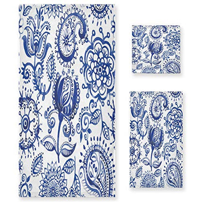 ALAZA Towels Set of 3 Blue Paisley Hand Towel Bath Towel Washcloth Soft Thin Face Guest Towel Kitchen Tea Dish Towels Bathroom Decorations Housewarming Gifts - color: Multi02