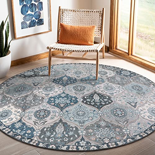 Lahome Moroccan Washable Round Area Rug, Soft Blue Vintage Round Rugs 6ft | Non-Slip Ultra-Thin Distress Large Circle Carpet for Dining Room Living Room Bedroom Elise, Blue - color: Dusty Blue Grey, size: 6' (Round)