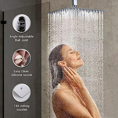 Polished Chrome Shower System with 4 PCS Shower Body Spray Jets & 12’’ Ceiling Shower Head & Handheld Spray, DASAN Full Body Shower Faucet System with Jets Rainfall Shower Combo Set, SA-SS03BCH-S12C - color: Chrome