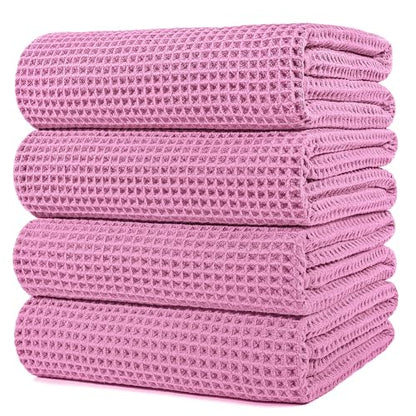 POLYTE 430 GSM Poly Blend Microfiber Quick Dry Waffle Bath Towel, 30x60 in | 4 Pack, Oversize, Lint Free, Body Towel - color: Pink