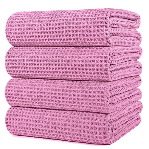 POLYTE 430 GSM Poly Blend Microfiber Quick Dry Waffle Bath Towel, 30x60 in | 4 Pack, Oversize, Lint Free, Body Towel - color: Pink