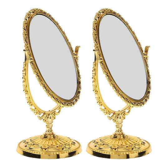 VOSAREA 2pcs Oval Vintage Makeup Mirror, Golden Swivel Mirror with Stand for Dressing Room Desk Bathroom (7.86 Inch)