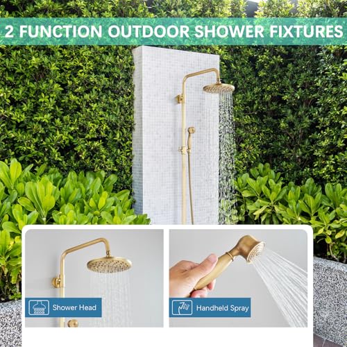 Antique Brass Shower System Bathroom Shower Faucet Set with 8 Inch Rainfall Shower Head Handheld Spray 2 Cross Handles Wall Mounted Outdoor Shower Fixtures Solid Brass - color: Antique Brass, style: Two Modes
