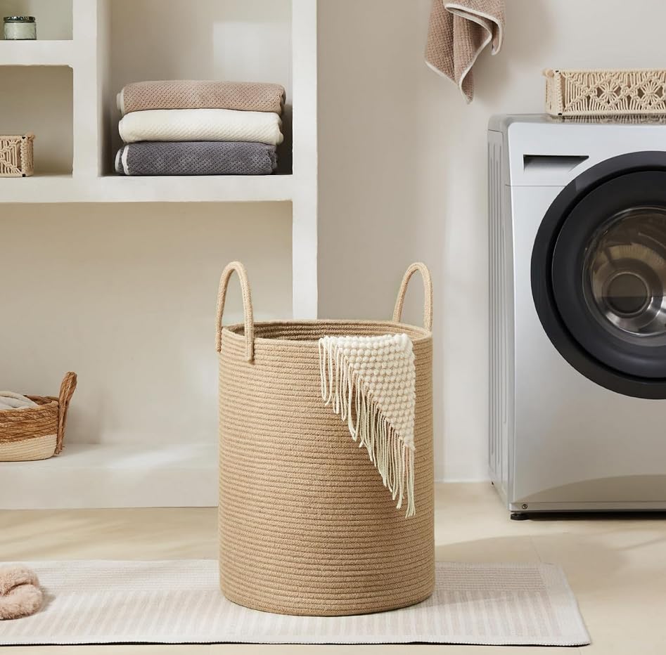 YOUDENOVA Cotton Laundry Hamper, 72L - Woven Collapsible Basket - Jute Brown | Woven Collapsible Laundry Basket, Clothes Hamper with Reinforced Handles in the Laundry Room, Bedroom, Bathroom - color: Jute Brown, size: 72L