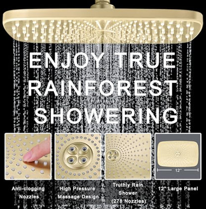 12" High Pressue Rain Shower Head with Handheld, 9 Sprays Hand Showerhead | Shower Heads with Handheld Spray Combo, Dual Head, Built-in Magnetic Docking, Power Jets, 59" Shower Hose, Gold 1.75GPM - color: Gold