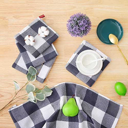 Homaxy Cotton Check 6 Pack Dish Cloths, 12" x 12", White & Dark Grey | Waffle Weave, Plaid, Super Soft and Absorbent Dish Rags, Quick Drying, Multi-Purpose - color: White & Dark Grey, size: 12 x 12 - 6 Pack