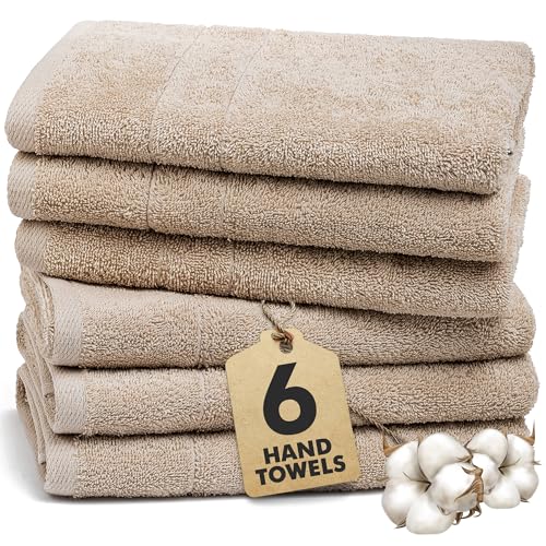 100% Ring Spun Cotton Hand Towels for Bathroom – 550 GSM Soft & Absorbent Towel Set– Pack of 6 Small Towel (34x20in) – Quick Dry Luxury Cotton Hand Towels – Beige - color: Beige, size: Hand Towels