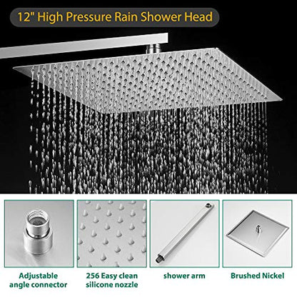 Hoimpro 12'' Shower Head Shower Faucet Set Handheld Sprayer Brushed Nickel | Stainless Steel Rain Shower Head, Rainfall Shower System Fixture Combo, Square, High Pressure Vlave Trim Kit, Wall Mounted - color: Nickel