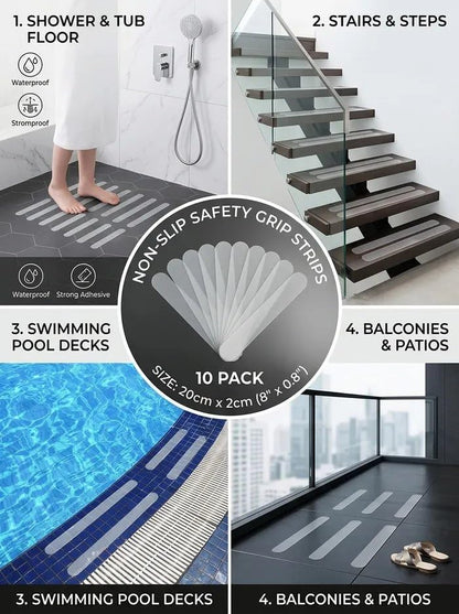 Clear Non Slip Grip Tape Strips 20 x 2 cm, Peel and Stick Stair Treads for Bathroom Shower Tub Pool Balcony, 10 Pack (Transparent,10) - color: Transparent