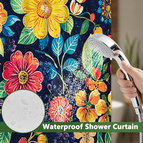 No Hook Shower Curtain with Snap in Liner, Boho Colorful Floral Shower Curtain with Mesh Top Window and Weighted Hem, 71x74 Inches Bohemian Waterproof Fabric Shower Curtain and Removable Liner Set - color: Gorgeous Daisies