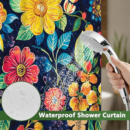 No Hook Shower Curtain with Snap in Liner, Boho Colorful Floral Shower Curtain with Mesh Top Window and Weighted Hem, 71x74 Inches Bohemian Waterproof Fabric Shower Curtain and Removable Liner Set - color: Gorgeous Daisies