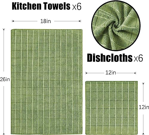 Puomue Microfiber Kitchen Towels and Dishcloths Set, 26 X 18 Inch and 12 X 12 Inch, Set of 12 Bulk Lint Free Dish Towels for Drying Dishes, Olive Green - color: Olive Green