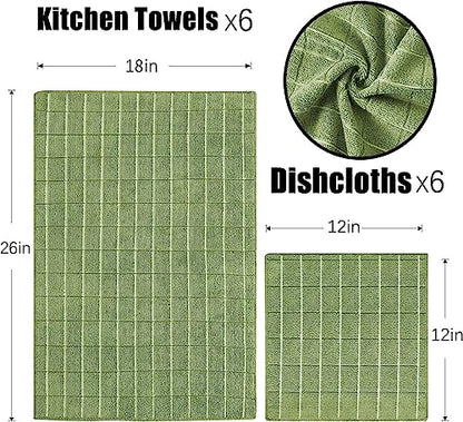 Puomue Microfiber Kitchen Towels and Dishcloths Set, 26 X 18 Inch and 12 X 12 Inch, Set of 12 Bulk Lint Free Dish Towels for Drying Dishes, Olive Green - color: Olive Green