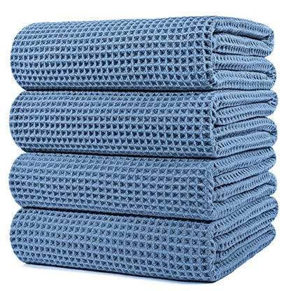 POLYTE 430 GSM Poly Blend Microfiber Quick Dry Waffle Bath Towel, 30x60 in | 4 Pack, Oversize, Lint Free, Body Towel - color: Blue