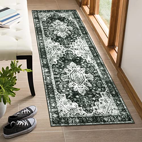 Moynesa Washable Black and White Runner Rug - 2x6 Bathroom Runner with Rubber Backing, Hallway Boho Non-Slip Non-Shedding Low Pile Accent Carpet for Laundry Room Entryway - color: Black/White, size: 2' x 6'