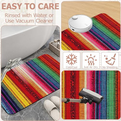 Mexican Bathroom Rugs,Bath Mats for Bathroom,Ethnic Stripes Rainbow Low Pile Absorbent Bath Mat,Rubber Backing Non Slip Washable Thin Quick Dry Door Mat 17x29.5 Inch - color: Mexican,ethnic Stripes Rainbow