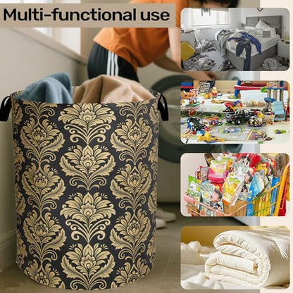 Gold Black Damask Flowers Laundry Basket - Extra Large Foldable Washable Laundry Hamper with Handles, Storage Bin for Bathroom/Laundry/Bedroom/Dorm - color: Golden Damask Flowers
