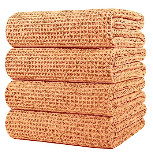 POLYTE 430 GSM Poly Blend Microfiber Quick Dry Waffle Bath Towel, 30x60 in | 4 Pack, Oversize, Lint Free, Body Towel - color: Orange