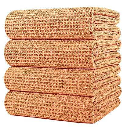 POLYTE 430 GSM Poly Blend Microfiber Quick Dry Waffle Bath Towel, 30x60 in | 4 Pack, Oversize, Lint Free, Body Towel - color: Orange