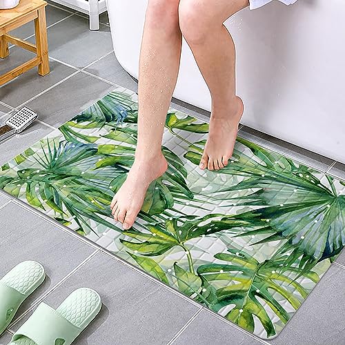 Green Leaves Bathtub Mat Non Slip Palm Leaf Bath Shower Mat 15x27 Tropical Banana Leaf Bath Tub Mat with Drain Holes Suction Cups Washable Botanical Monstera Bath Mat for Tub for Bathroom - color: Leaves