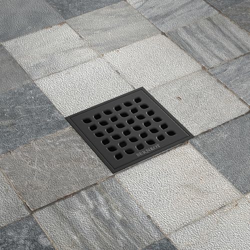 Square Shower Drain with PVC Bonding Flange Base, 4" Matte Black | 304 Stainless Steel Drain w/ Drain Key for Low Profile Shower Tiles, CUPC Certified - color: Black4"