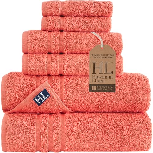 Hawmam Linen Coral Orange 6 Piece Bath Towels Set for Bathroom Original Turkish Cotton Soft, Absorbent and Premium 2 Bath Towels, 2 Hand Towels, 2 Washcloths - color: Coral, size: 6 Piece Towel Set (2 Bath, 2 Hand, 2 Wash)