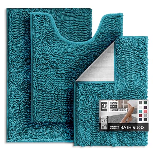 Hearth & Harbor Bathroom Rugs, Chenille Bath Mat - Machine Washable Bath Mats for Bathroom Non-Slip Backing Rubber, Quick Dry - Teal Blue Bath Rug, 17x24-20x32-20x24 - color: Teal, style: 17x24 / 20x32 / 20x24