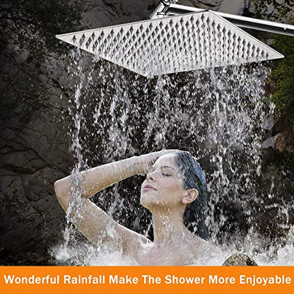 High Pressure Large Stainless Steel Square Rain ShowerHead With Shower Arm Waterfall Full Body Coverage Easy to Clean and Install (12 Inch With Arm, Chrome Finish) - color: Chrome Finish, size: 12 Inch With Arm