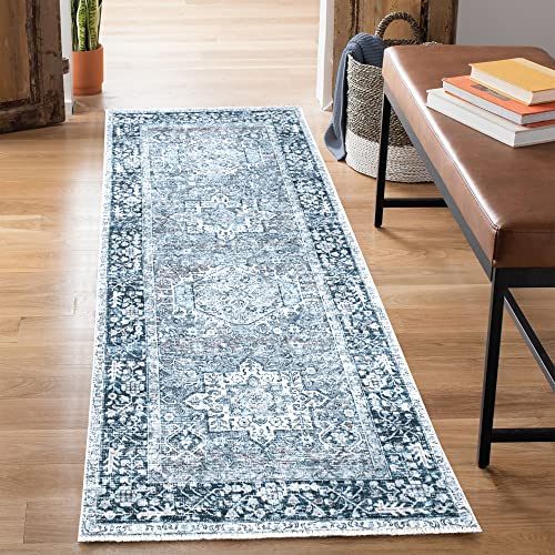 Bloom Rugs Caria Washable Non-Slip 7 ft Runner - Navy Blue Traditional Runner for Entryway, Hallway, Bathroom, and Kitchen - Exact Size: 2'6" x 7' - color: Navy Blue, size: 2'6" x 7' (Runner)