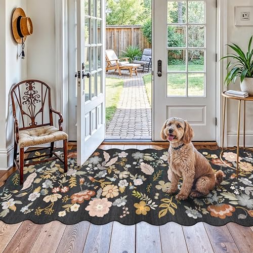 4x10 Washable Runner Rug for Hallway: Scalloped Floral Kitchen Rugs Black | Non-Slip Low-Pile Wide Carpet Runner for Bathroom Living Room Bedroom - Boho Floor Mat for Entryway Dining Room - color: Black, size: 4' x 10' (Runner)