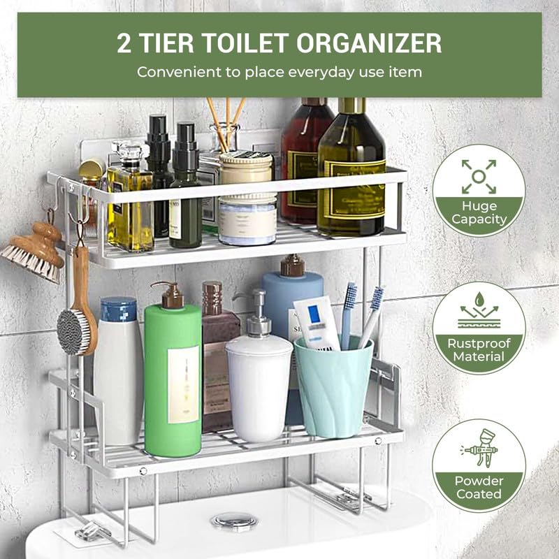 DINEST 2 Tier Over The Toilet Storage Shelf, Anti Resistant Bathroom Shelf Over Toilet Organizer, Multifunctional No Drilling Above Toilet Storage with Wall Mounting Design(White) - color: White