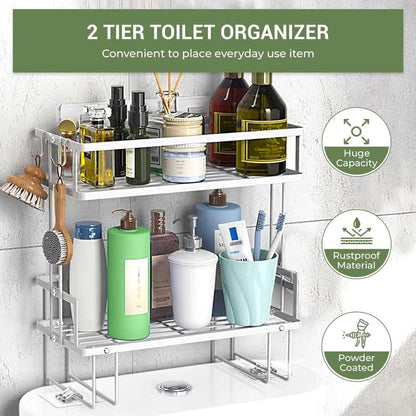 DINEST 2 Tier Over The Toilet Storage Shelf, Anti Resistant Bathroom Shelf Over Toilet Organizer, Multifunctional No Drilling Above Toilet Storage with Wall Mounting Design(White) - color: White