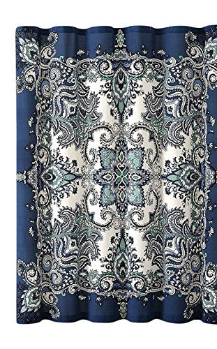 Boho Shower Curtain, Navy Teal White Mandala Floral Design, Fabric, 72 x 72 inches, Stain-Resistant, Paisley Pattern, with Hooks - color: Blue