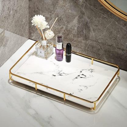 Dobbyby Vanity Tray Makeup Organizer Cosmetics Storage Bathroom Skincare Organizer Countertop Display Rack in Dresser Stainless Steel Shelf Marble Print Ceramic Trays - color: 1 Tier-gold