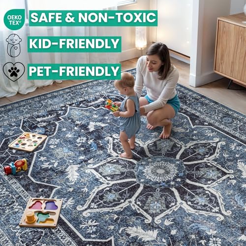 Bloom Rugs Caria Washable Non-Slip 10 ft Runner - Blue/Charcoal Traditional Runner for Entryway, Hallway, Bathroom, and Kitchen - Exact Size: 2'6" x 10' - color: Blue / Charcoal, size: 2'6" x 10' (Runner)