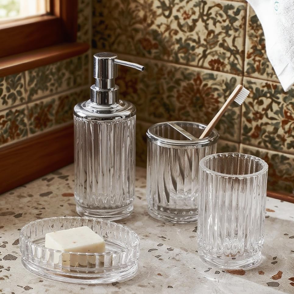 4-Piece Glass Bathroom Accessories Set, Clear Crystal Ribbed Design, Soap Dispenser, Toothbrush Holder, Tumbler, Soap Dish