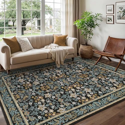 GarveeHome 6x9 Area Rugs Washable Rugs for Living Room, Boho Vintage Rug Non Slip Low Pile Stain Resistance Indoor Soft Large Carpet for Bedroom Dining Room Office Blue Black - color: Blue Black, size: 6' x 9' (Rectangular)