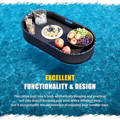 Devoko Pool Floating Tray 38”x20” Wicker Swimming Pool Drink Holders, Black | Large Oval Portable Serving Tray with Handles Wicker Swimming Pool Bar Accessories Floating Table for Adults, Spas, Parties - color: Black