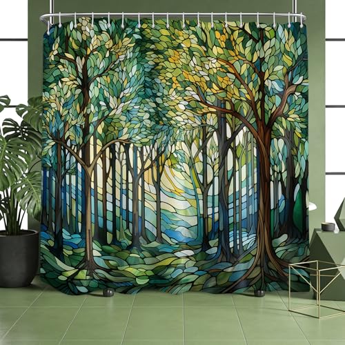 Extra Long Shower Curtain Green Forest Clawfoot Tub, 108 x 72 in | for Extra Wide 108 Inchs Shower, Stained Glass Design, Large XL Bathroom Decor Sets Waterproof Cloth Fabric, with Hooks - color: Green, size: 108"W x 72"L (Pack of 1)
