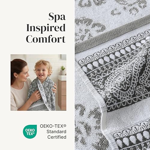 Modern Threads 6 Piece Bath Towel Set – Bathroom Set with 2 Bath Towels, 2 Hand Towels, and 2 Wash Cloths – 100% Cotton, Super Absorbent & Extra Soft – Reversible Floral Trail (Gray) - color: Gray