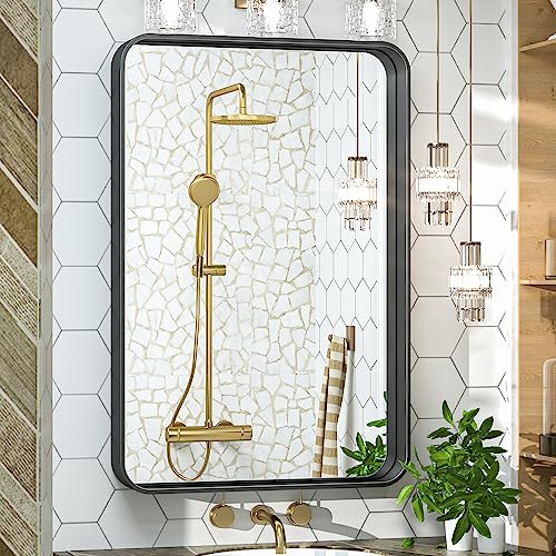 20 x 30 Inch Matte Black Bathroom Wall Mirror Vanity Metal Frame Round Corner Rectangular for Home Decor Living Room Entryway (Horizontal/Vertical) - color: Black, size: 30"L x 20"W, style: Rectangle
