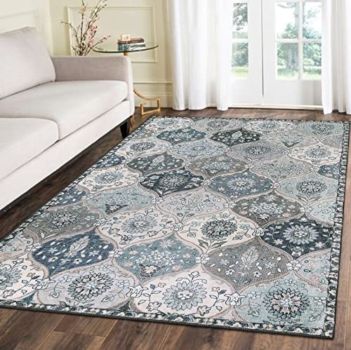 Lahome Moroccan Trellis Washable Area Rug, 5x7 Rugs for Living Room Bedroom | Indoor Non-Slip Oriental Accent Throw Large Carpet for Kitchen Entryway Bathroom Office Elise, Blue - color: Dusty Blue Grey, size: 5' X 7' (Rectangular)