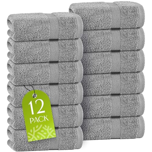 White Classic Light Gray Washcloths Set for Body and Face Towel, Cotton Wash Cloths Bulk 12 Pack, Spa Fingertip Wash Clothes 12x12 Inch, Soft Absorbent Gym Towels - color: Light Gray, size: Set of 12 Washcloths