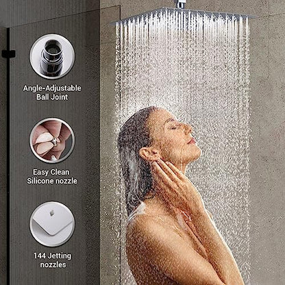 Full Body Rain Shower System with 4 Body Shower Jets & 12’’ Wall Mount Rainfall Shower Head & Handheld, DASAN Multi Shower Head System Chrome Rain Shower Faucets sets Combo with Rough-in Valve - color: Chrome