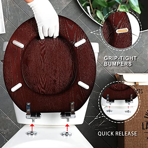 Angel Shield Toilet Seat Round Wood Slow Close(Dark Walnut) | Quick Release Metal Hinges, Adjustable Fit for Standard Round Toilets, Easy to Install&Clean - color: Dark Walnut, size: Round